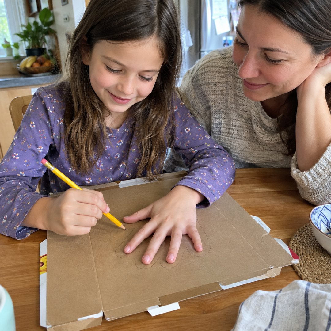 A girl marks a line on a flattened shipping box while her mother looks on