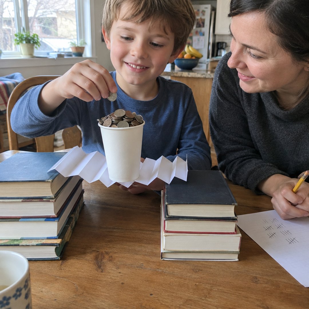 A boy adds coins to a cup on a folded paper bridge between two stacks of books