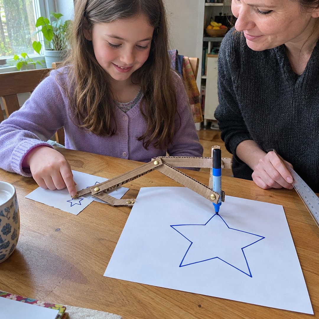 A girl traces a star with a cardboard drawing machine while her mother watches