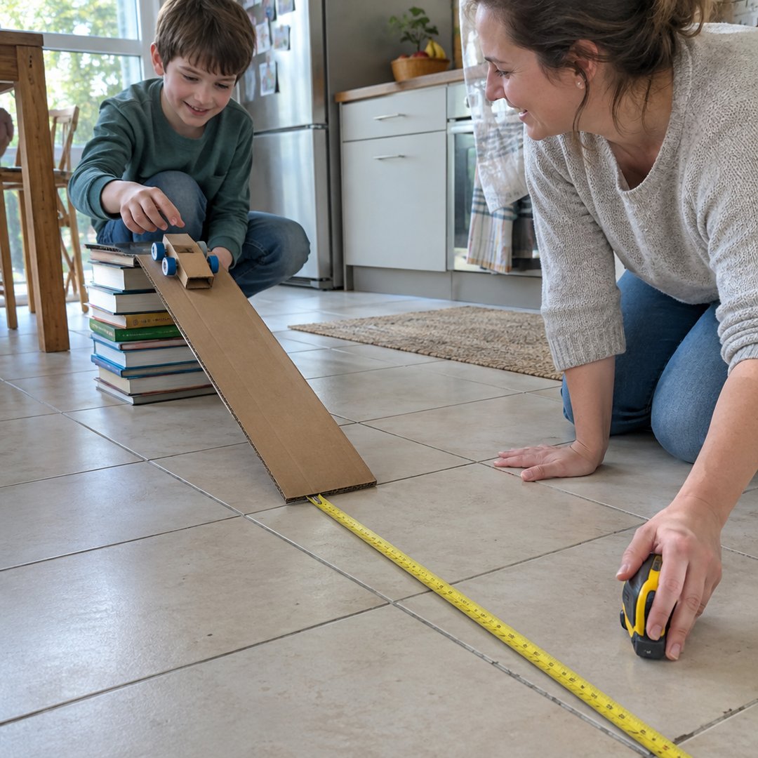 A boy launches a cardboard car down a ramp made from books while his mother holds a tape measure