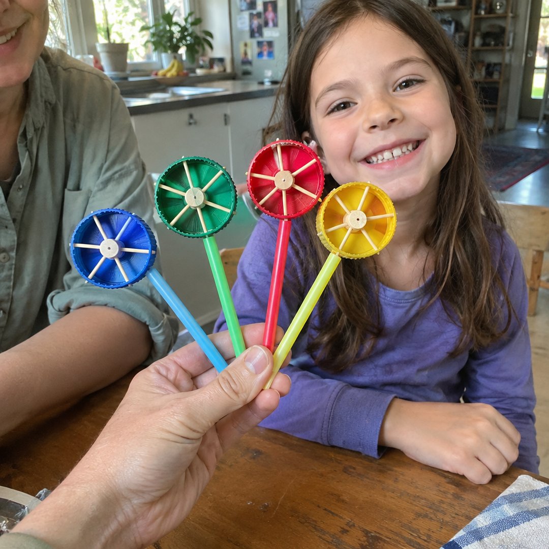 A smiling girl holds up four sets of bottle cap wheels on skewer axles