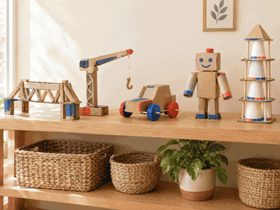 Finished cardboard builds on a shelf: a bridge, a crane, a car, a robot and a tower